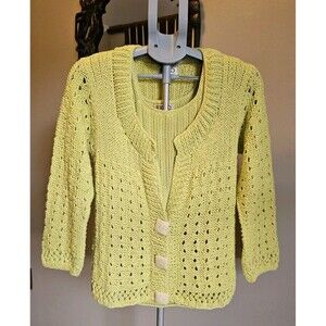 Vintage RICO Hand Knits Cardigan Tank 2 Piece Cotton Sweater Set 1980s Green M